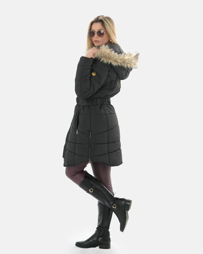 Chaqueta larga acolchonada para mujer con capucha de piel sintética