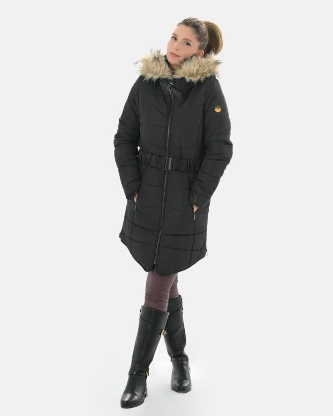 Chaqueta larga acolchonada para mujer con capucha de piel sintética
